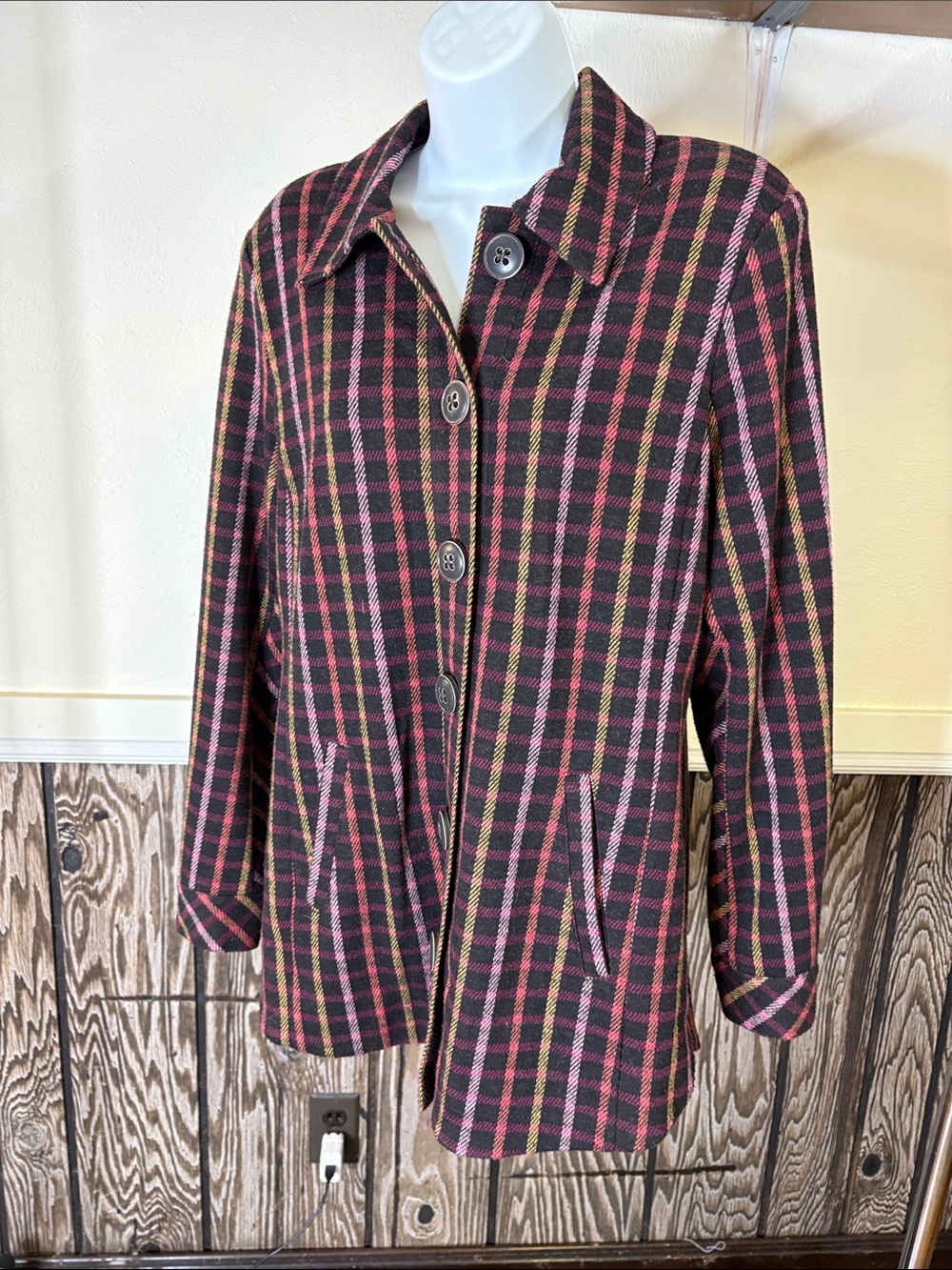 CAbi Plaid Button-Front Jacket in Pink, Black & Olive